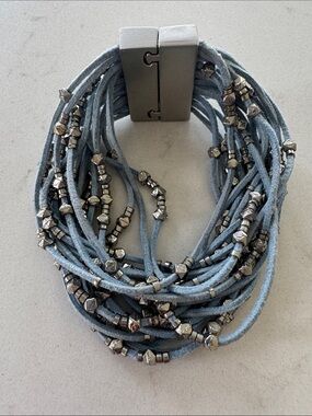 Multi-Strand Blue Suede Bead Bracelet magnetic closure NWOT